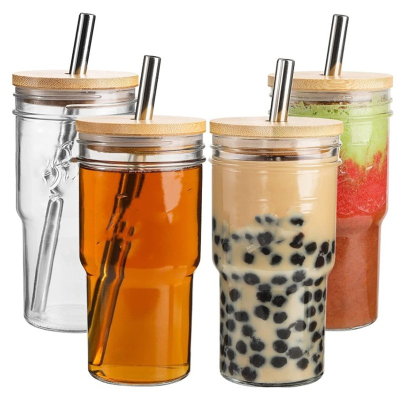 Clear glass cold drink drink glass juice dispense bottle Car straw milk tea cup with wooden lid MT-8.8
