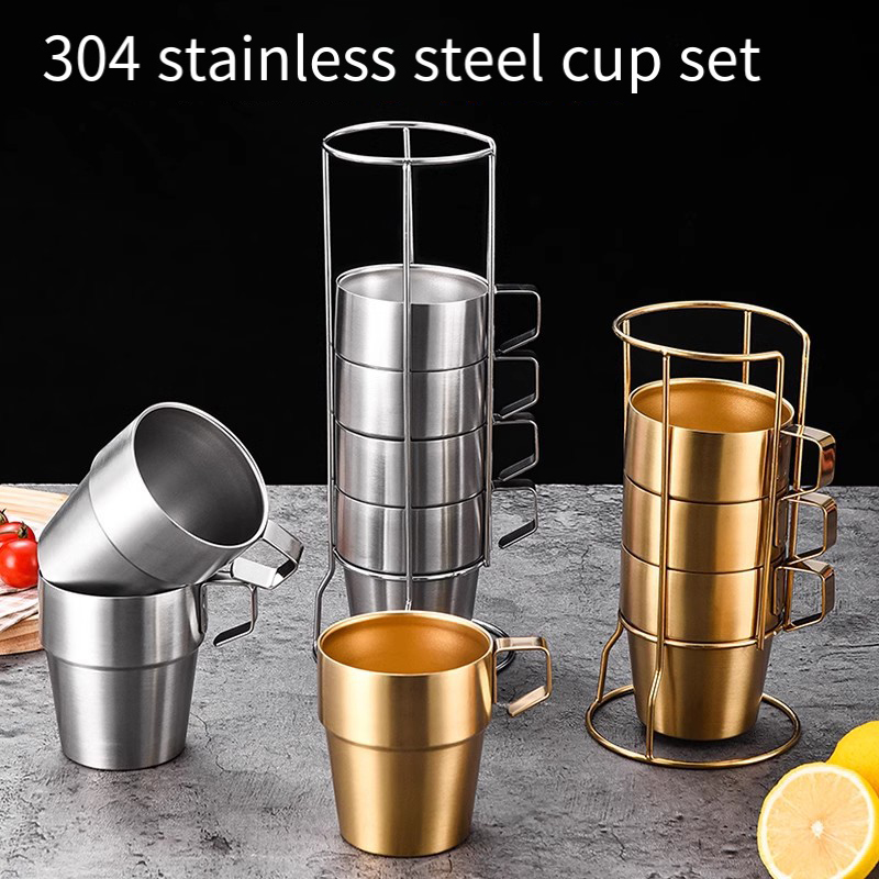 Outdoor camping 304 stainless steel double cup 4-piece set 6-piece set with handle Coffee cup Insulated cup Beer cup YL-20