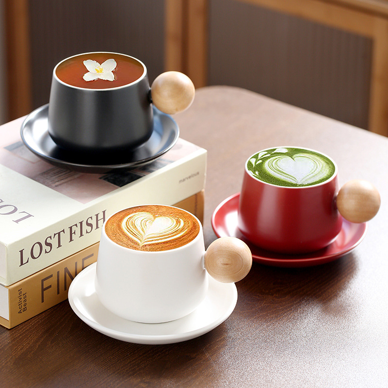 Wooden handle ceramic mug coffee cup saucer set design sense creative retro home afternoon tea creative printing logo YC-19