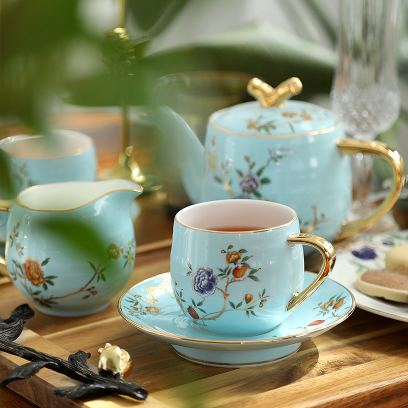 Bone China English afternoon tea tea set Ceramic coffee cup and saucer set National style small luxury gift Home cup and saucer teapot BS-300