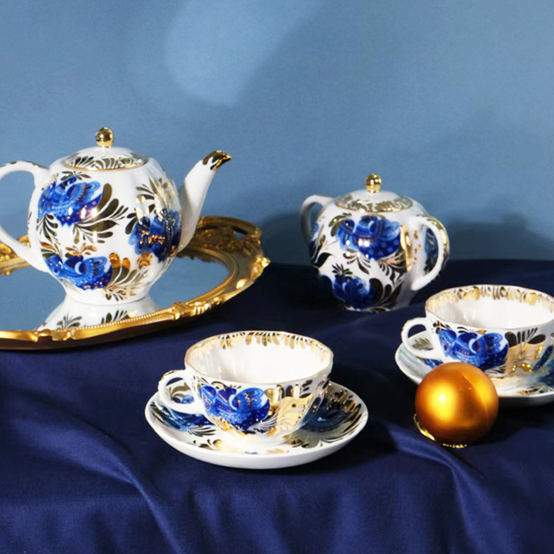 Palace style Golden garden coffee set Teapot Cup saucer painted gold exquisite bone China cobalt Blue afternoon tea Gift five-piece set BS-2500
