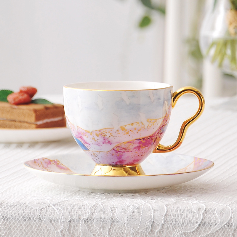Nordic English gold handle coffee cup and saucer model room set gold sand effect bone China coffee cup and saucer cross-border exclusively for BS-158