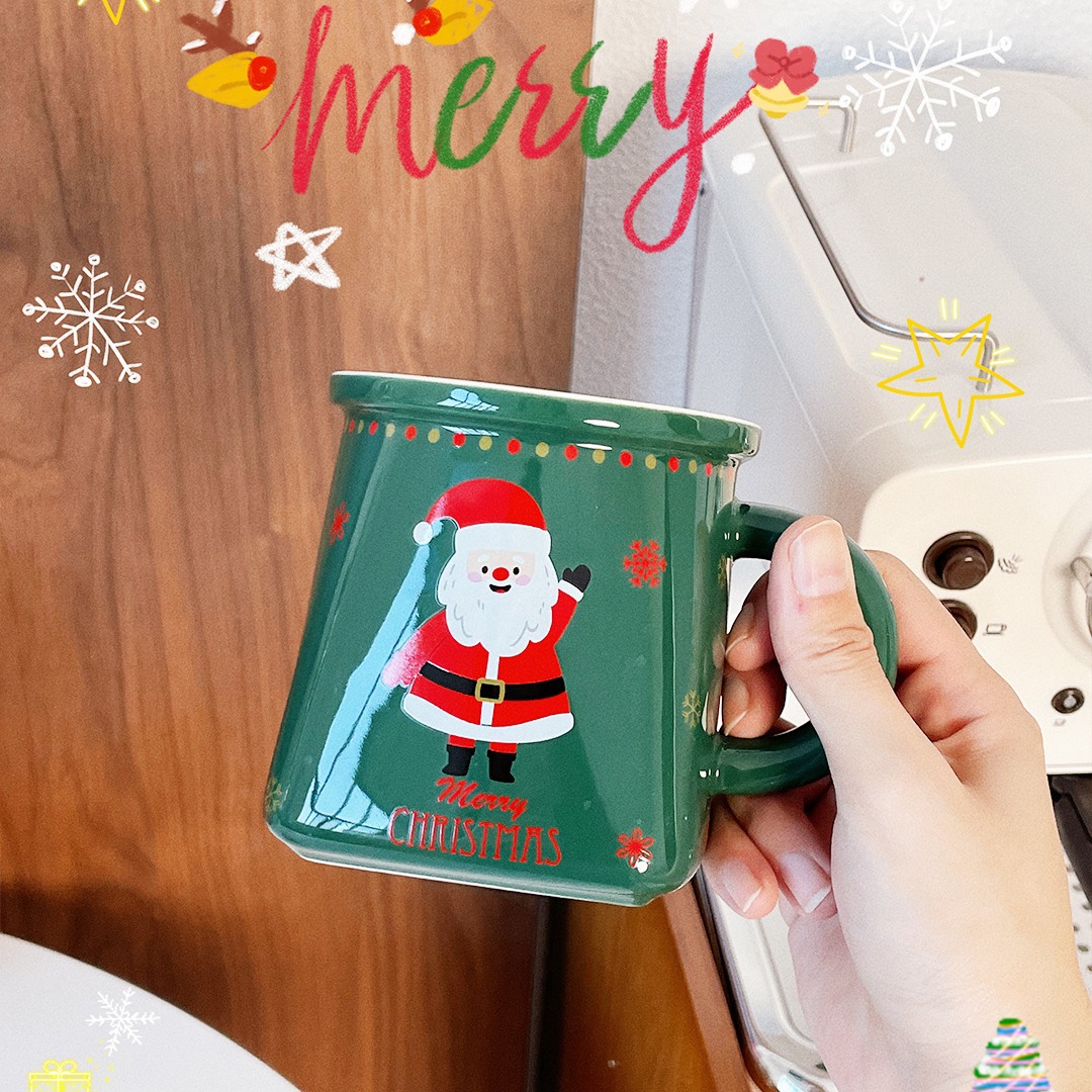  Hand drawn Christmas cup lid, ceramic gift box for gift giving, creative cartoon strap, water cup, mug