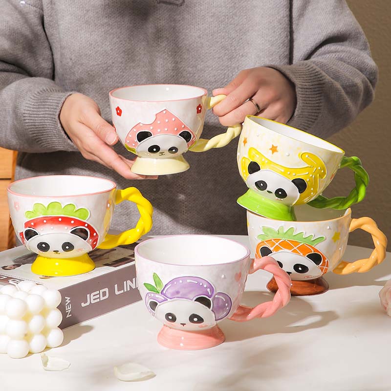 Handdrawn relief ceramic cup breakfast cup creative mug cartoon cute water cup oat milk household cup  30