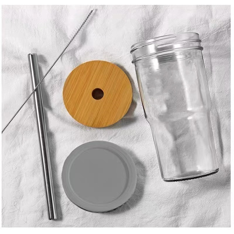 Clear glass cold drink drink glass juice dispense bottle Car straw milk tea cup with wooden lid MT-8.8