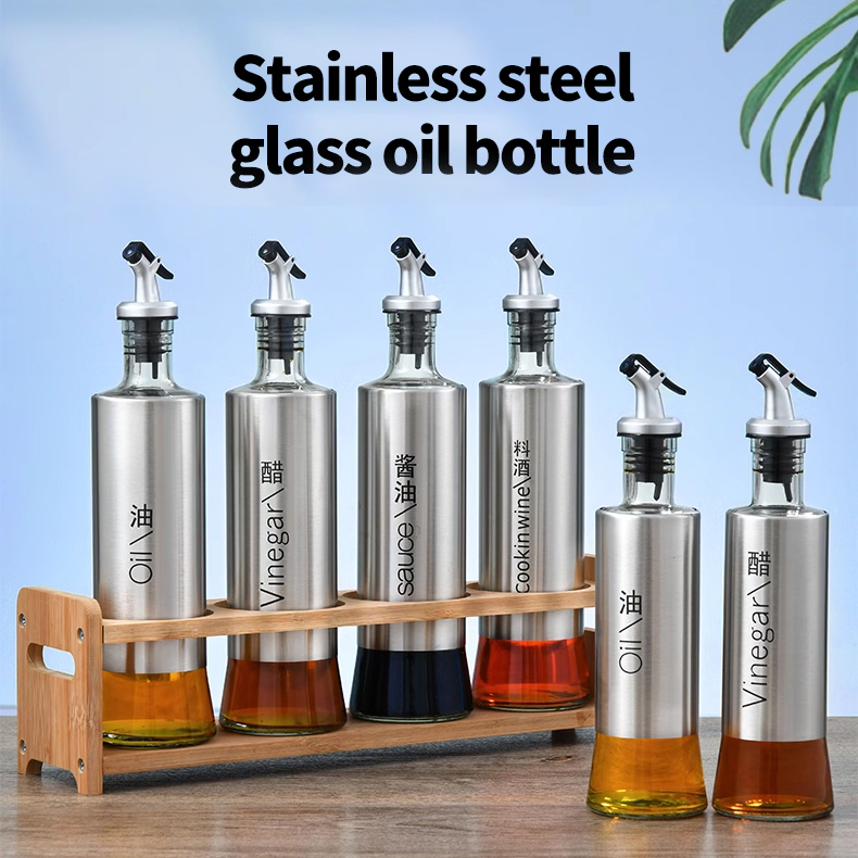 Spot stainless steel oil pot glass oil bottle seasoning bottle household anti-hanging oil soy sauce vinegar bottle kitchen supplies wholesale HY-0608