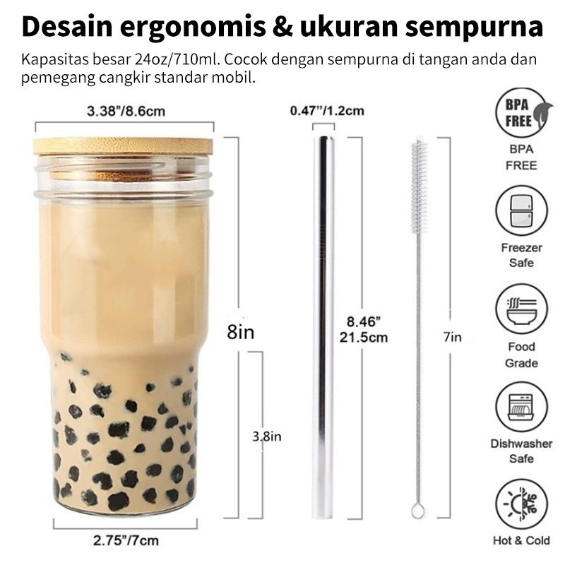 Gelas bening, minuman dingin, botol jus gelas, cangkir susu sedotan, gelas dengan penutup kayu MT-8.8