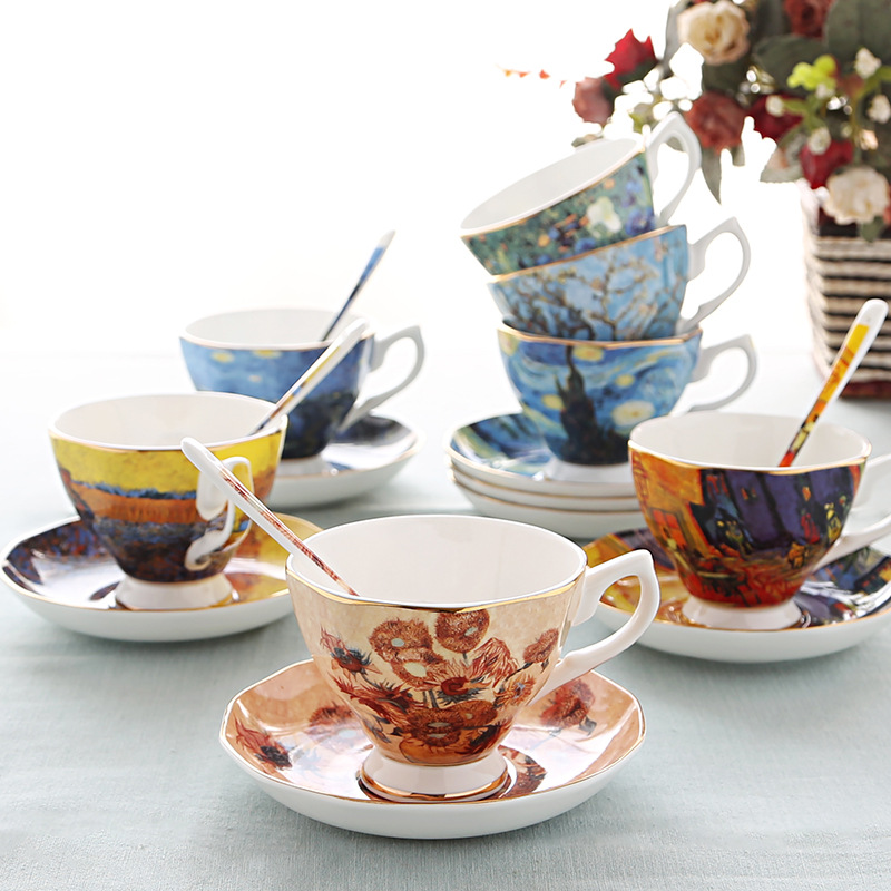 English light luxury dish spoon afternoon teacup Van Gogh oil painting bone China coffee cup Creative gift ceramic cup TS-82