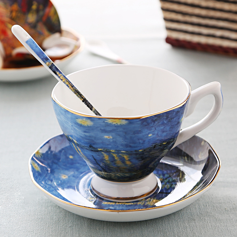 English light luxury dish spoon afternoon teacup Van Gogh oil painting bone China coffee cup Creative gift ceramic cup TS-82
