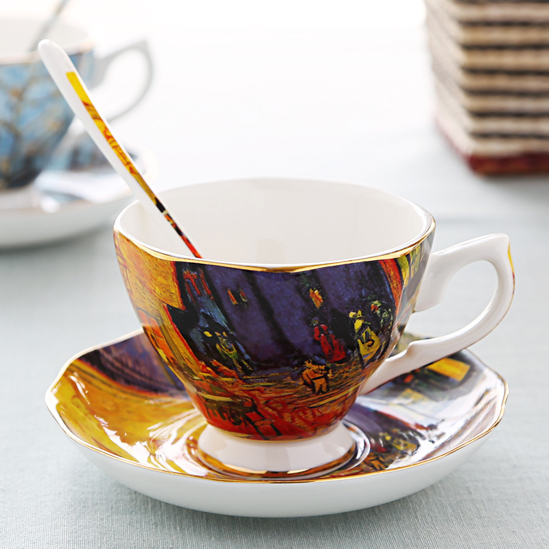 English light luxury dish spoon afternoon teacup Van Gogh oil painting bone China coffee cup Creative gift ceramic cup TS-82