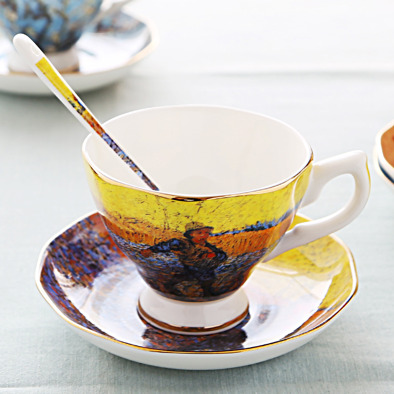 English light luxury dish spoon afternoon teacup Van Gogh oil painting bone China coffee cup Creative gift ceramic cup TS-82