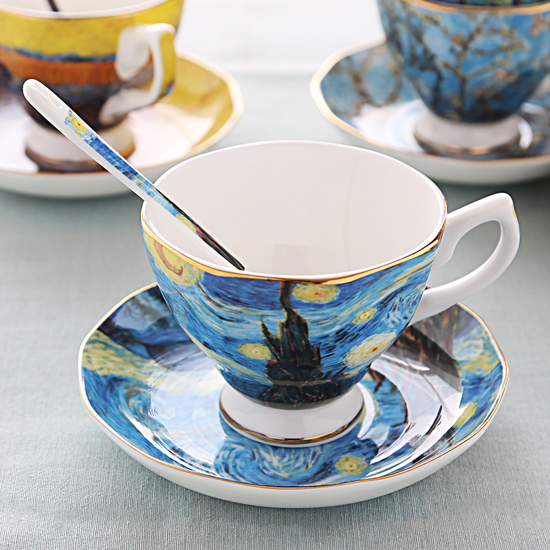 English light luxury dish spoon afternoon teacup Van Gogh oil painting bone China coffee cup Creative gift ceramic cup TS-82