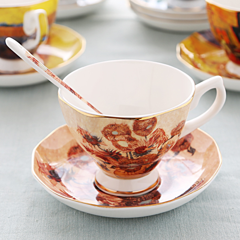 English light luxury dish spoon afternoon teacup Van Gogh oil painting bone China coffee cup Creative gift ceramic cup TS-82