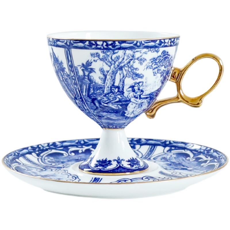 British red teacup Gold bone China blue and white blue set Coffee cup saucer Dessert saucer Chinese flat plate soup pot stock BS-264