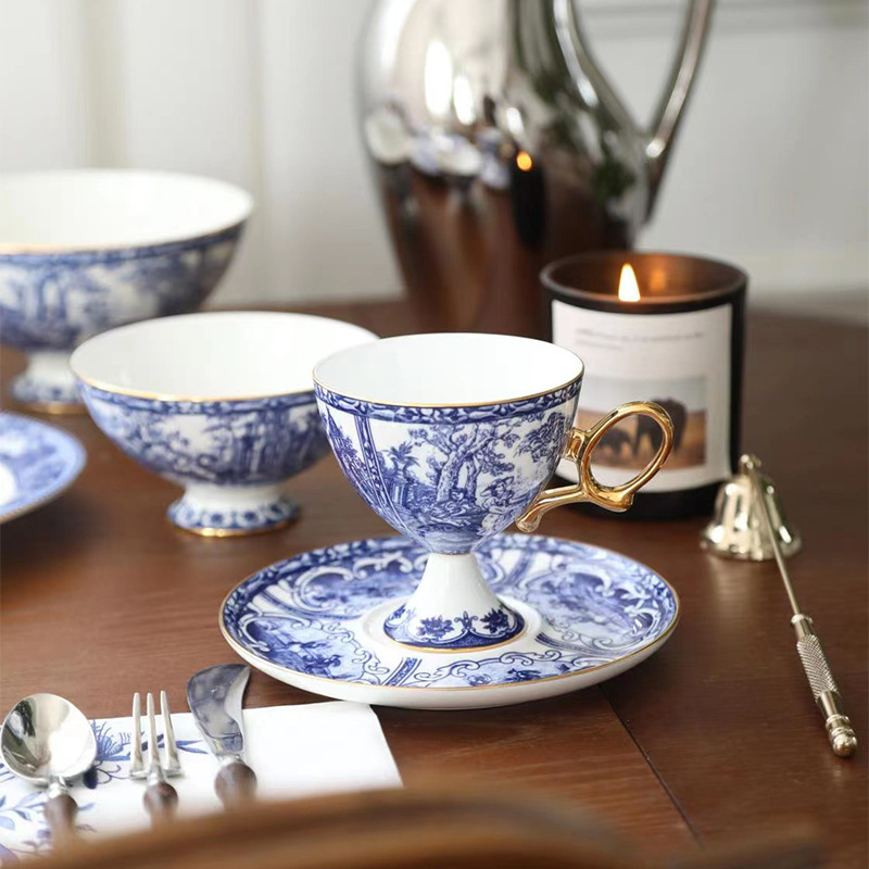 British red teacup Gold bone China blue and white blue set Coffee cup saucer Dessert saucer Chinese flat plate soup pot stock BS-264