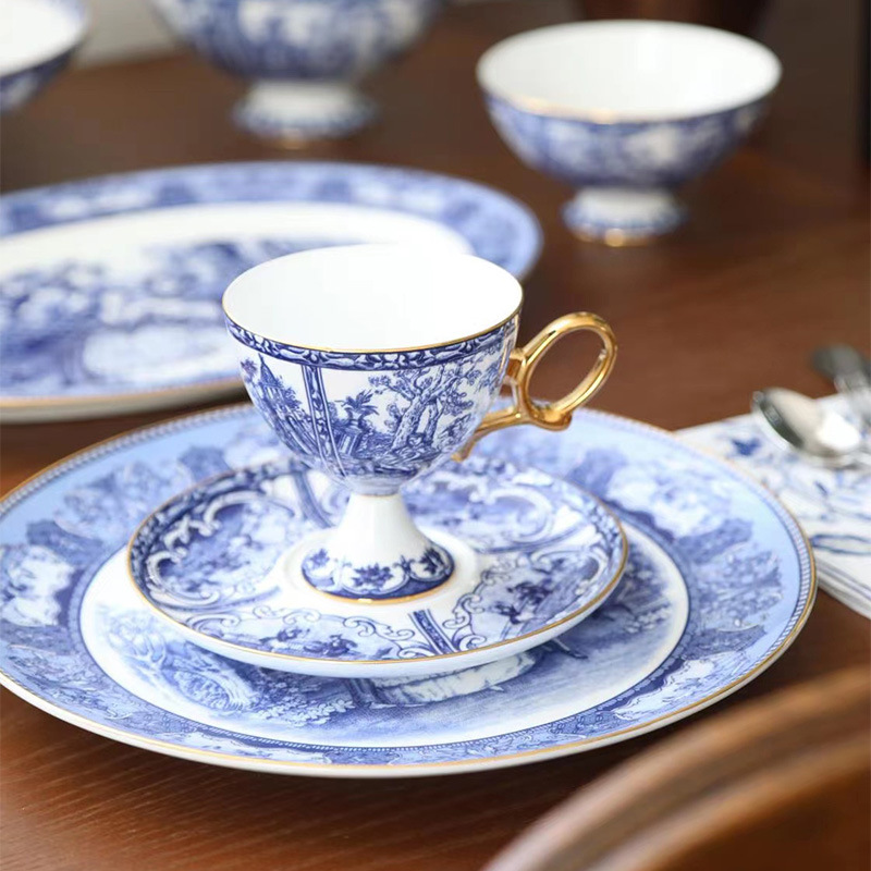 British red teacup Gold bone China blue and white blue set Coffee cup saucer Dessert saucer Chinese flat plate soup pot stock BS-264