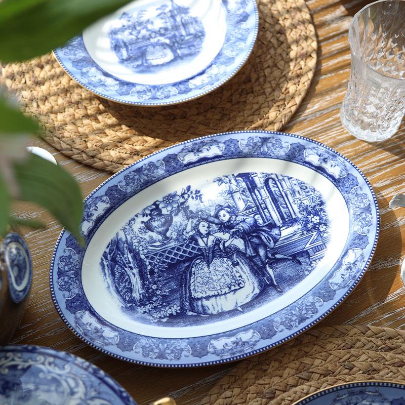 British red teacup Gold bone China blue and white blue set Coffee cup saucer Dessert saucer Chinese flat plate soup pot stock BS-264