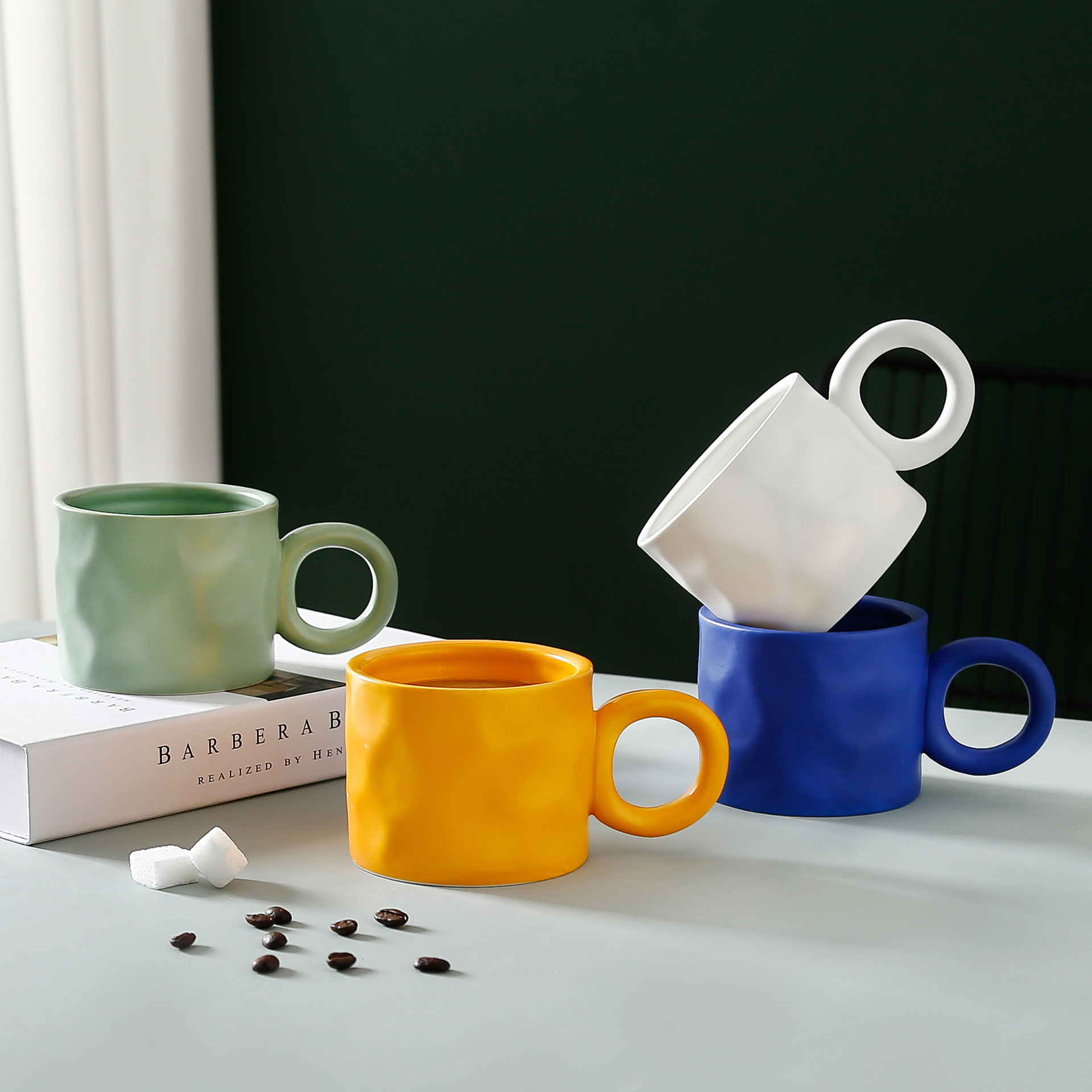 Nordic splash-ink blue hand pinch big ear mug large capacity simple coffee mug ins Korean cup BS-28