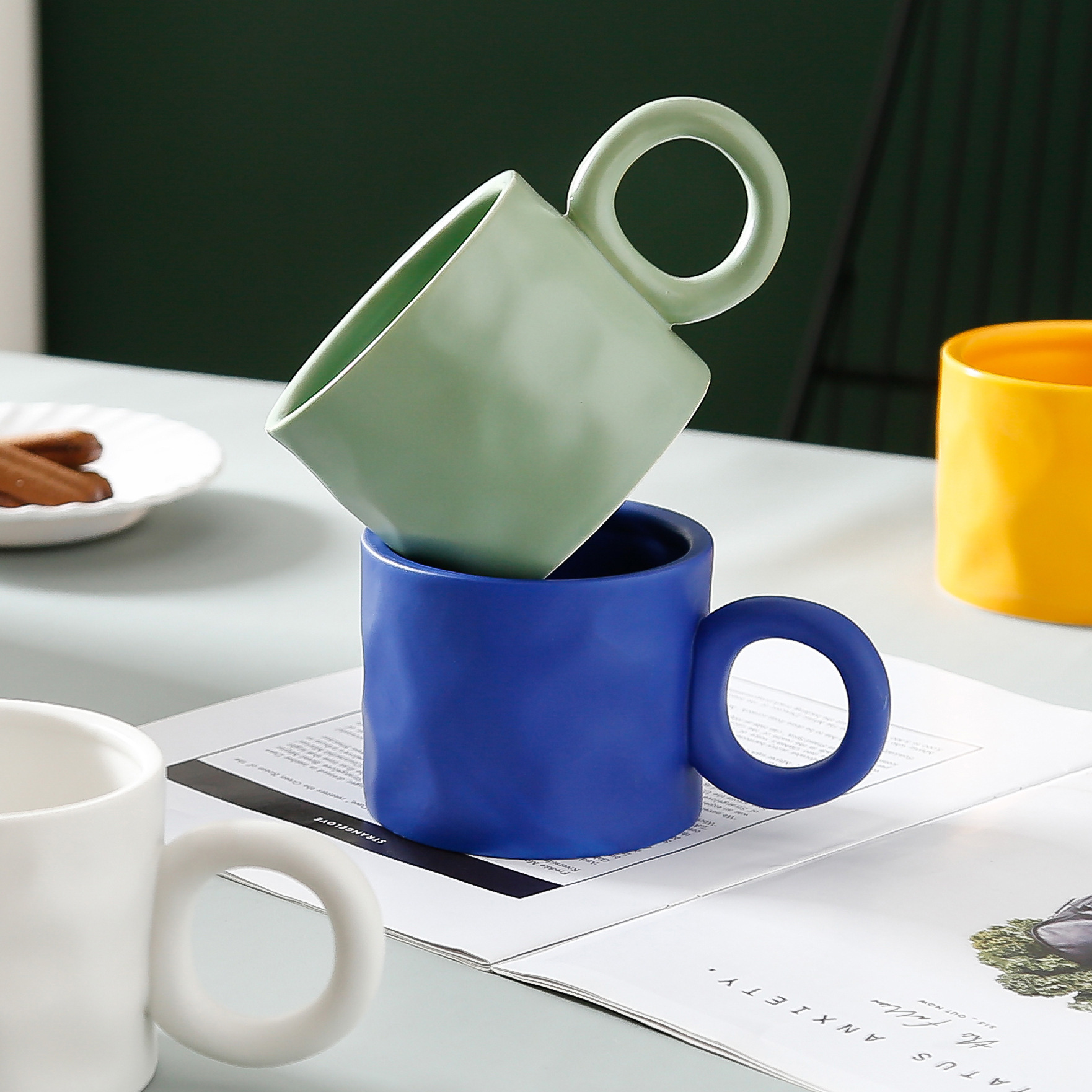 Nordic splash-ink blue hand pinch big ear mug large capacity simple coffee mug ins Korean cup BS-28