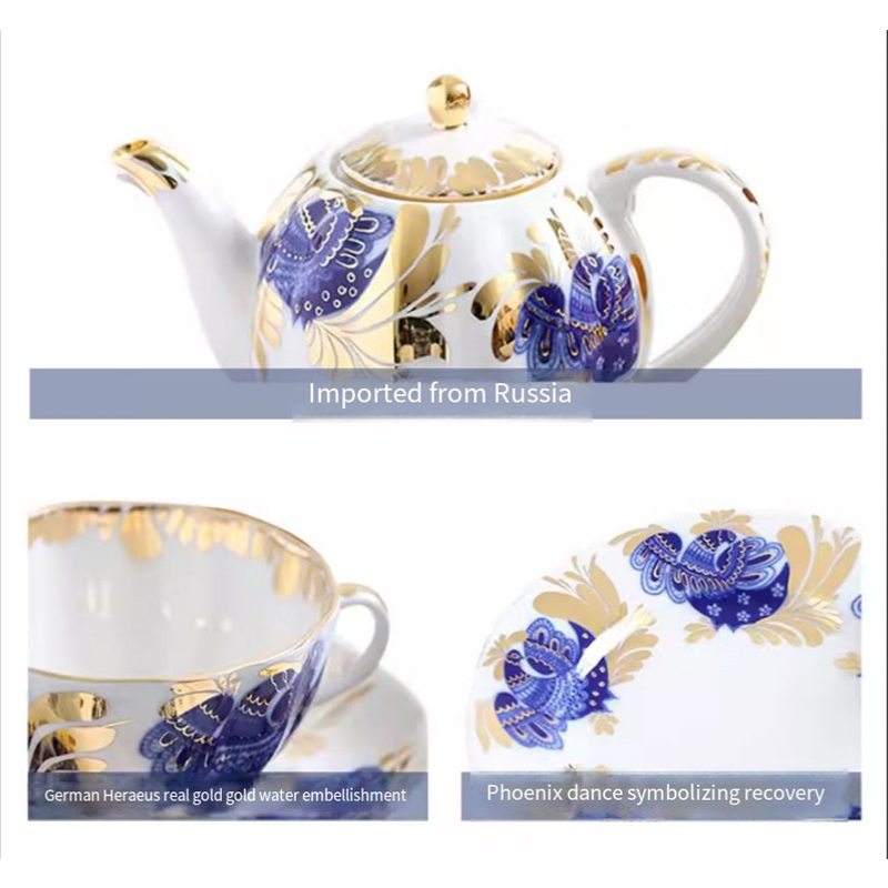 Palace style Golden garden coffee set Teapot Cup saucer painted gold exquisite bone China cobalt Blue afternoon tea Gift five-piece set BS-2500