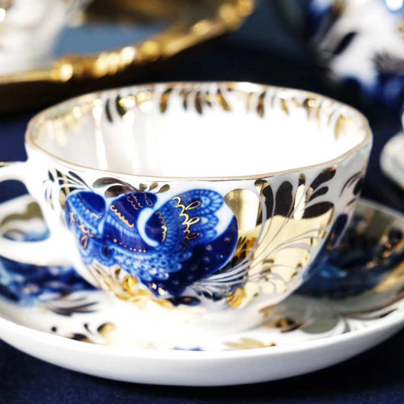 Palace style Golden garden coffee set Teapot Cup saucer painted gold exquisite bone China cobalt Blue afternoon tea Gift five-piece set BS-2500