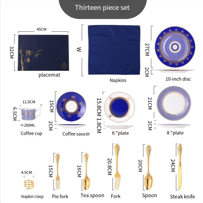 Polaroid gold blue Western tableware light luxury set home bone China tableware Western plate steak knife and fork Plate set BS-120