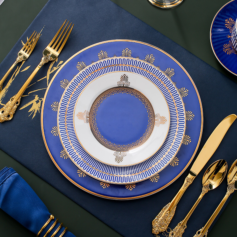 Polaroid gold blue Western tableware light luxury set home bone China tableware Western plate steak knife and fork Plate set BS-120